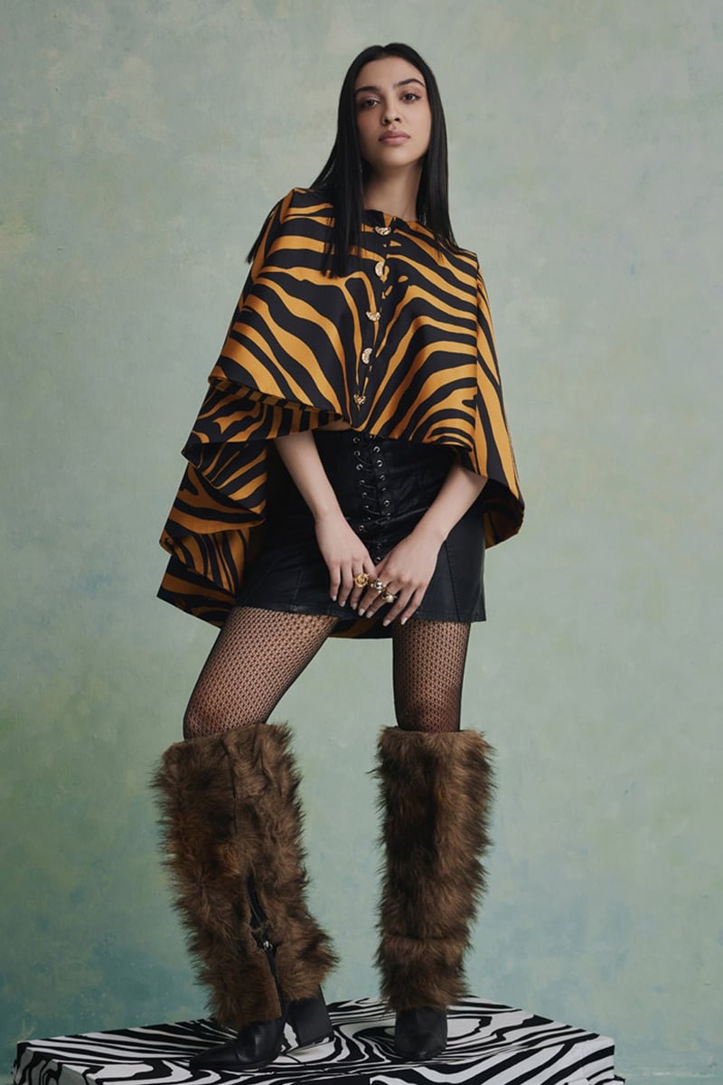 Black/Yellow Tiger Print High-Low Cape Jacket