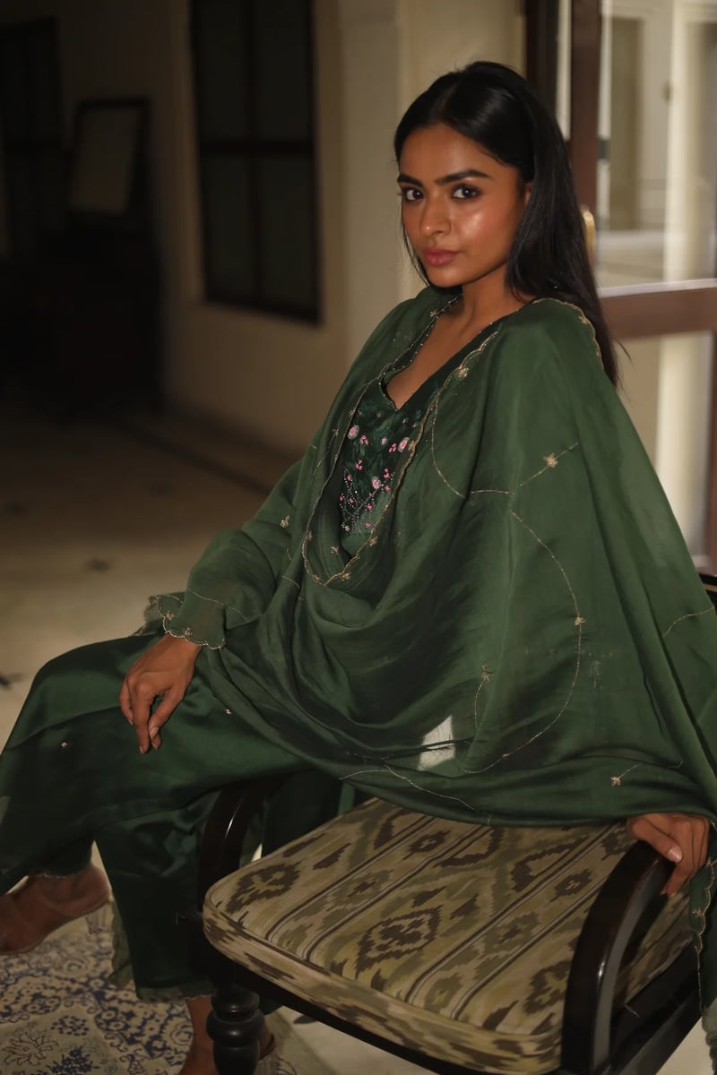 Bottle Green Chanderi Embellished Yoke Kurta Set