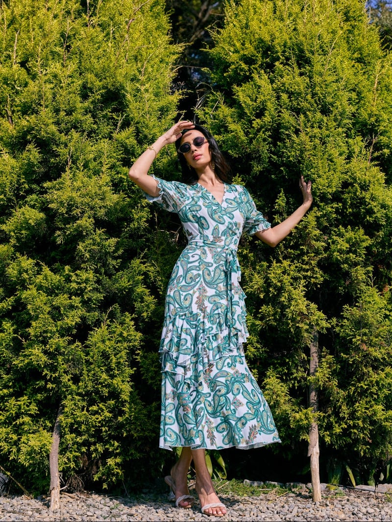 Green Paisley Print Wrap Midi Dress with Ruffle Tiers — Style Island