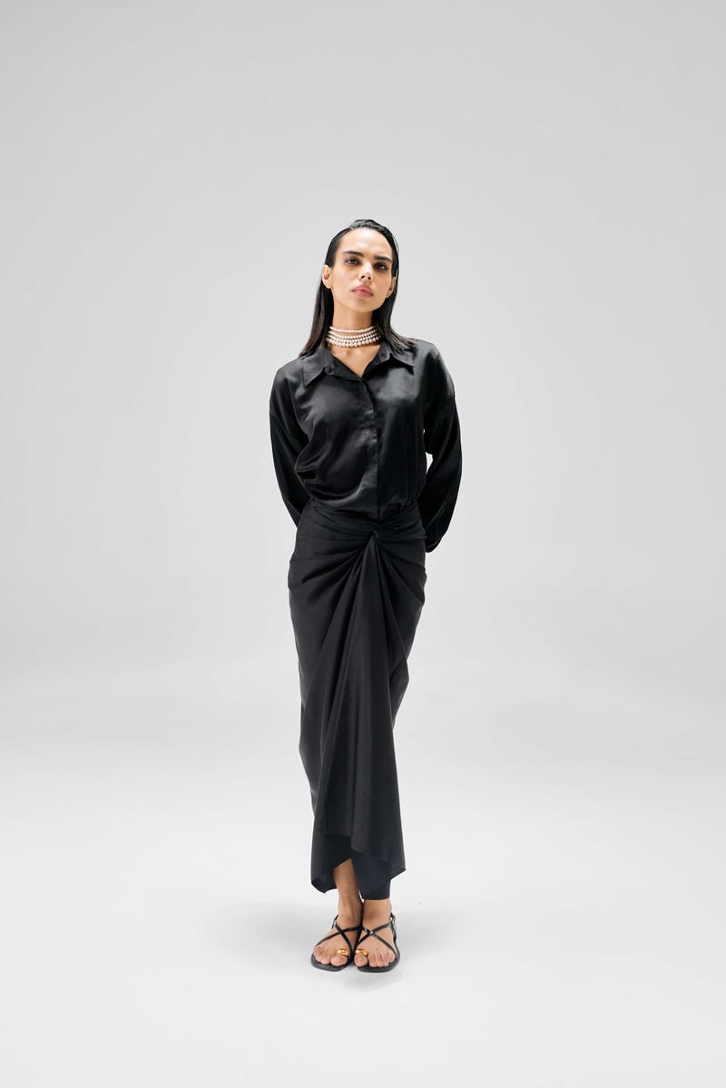 Black Satin Shirt and Sarong Skirt Co-ord Set