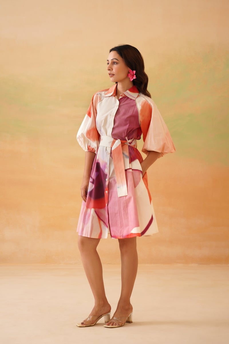 Beige Abstract Printed Mini Shirt Dress with Belt