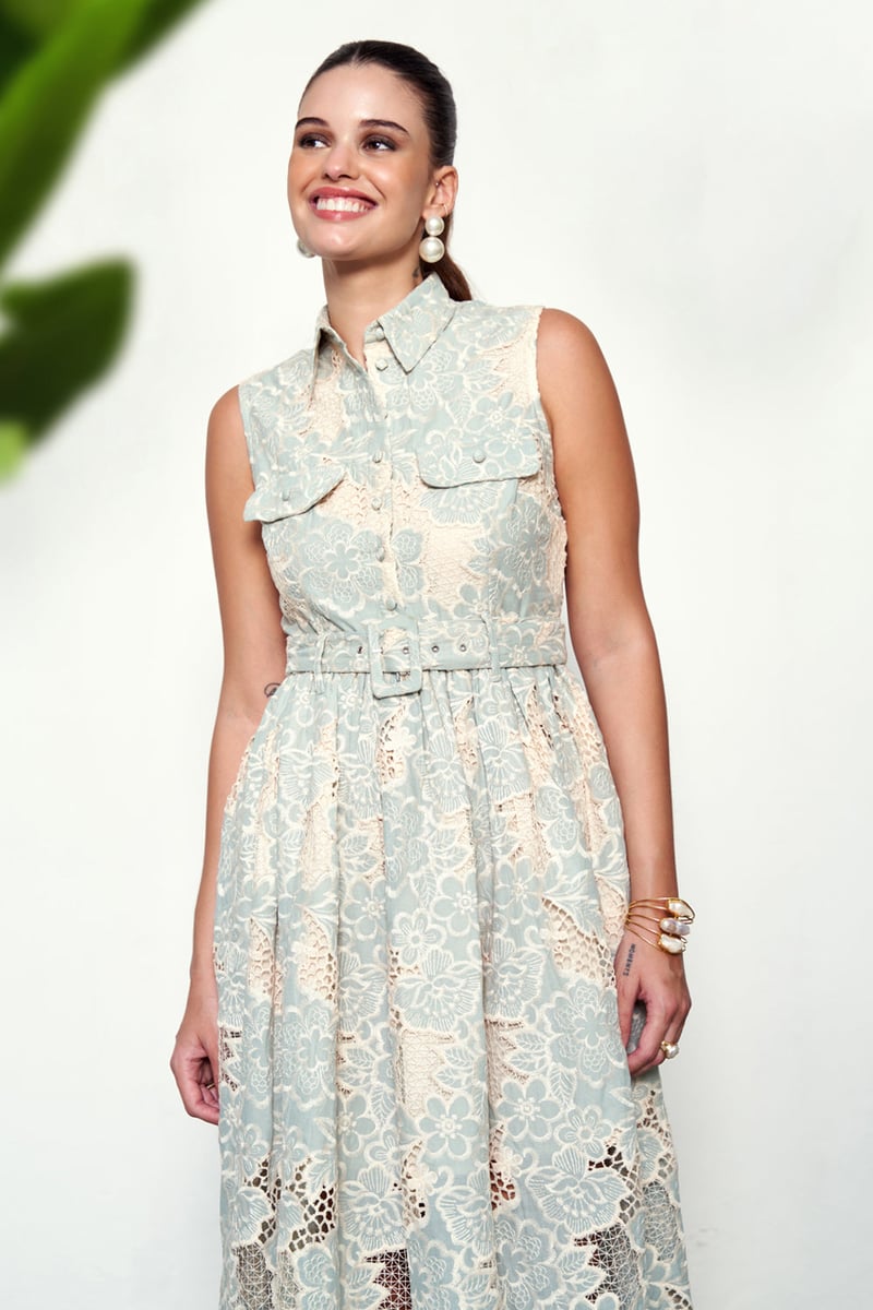 Blue Cotton Lace Collared Button-Front Maxi Dress