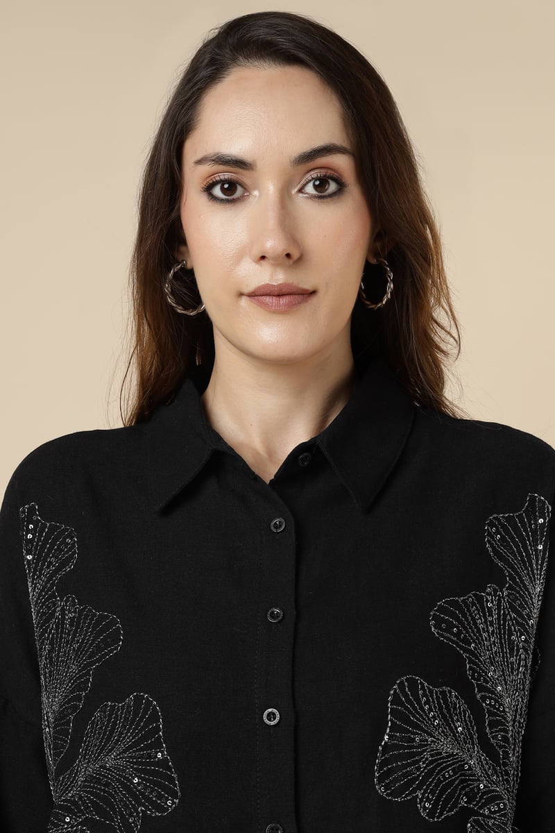 Black Longline Shirt with Silver Sequin Motifs
