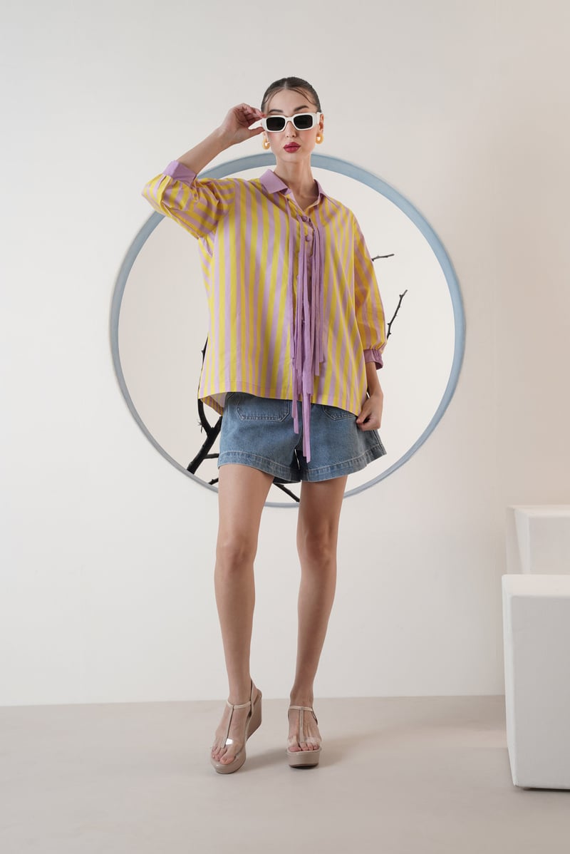 Yellow and Lilac Striped Twist and Tie Shirt
