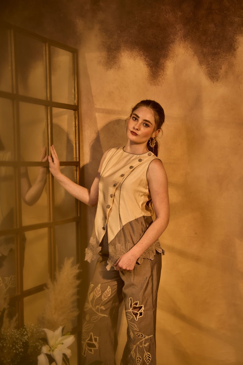 Cream and Copper Lace Applique Co-ord Set