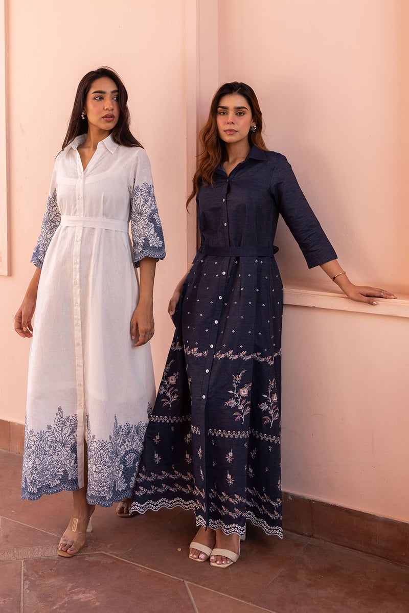 White Maxi Shirt Dress with Blue Embroidery and Cutwork