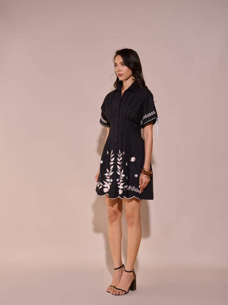 Black Embroidered Fit and Flare Mini Shirt Dress