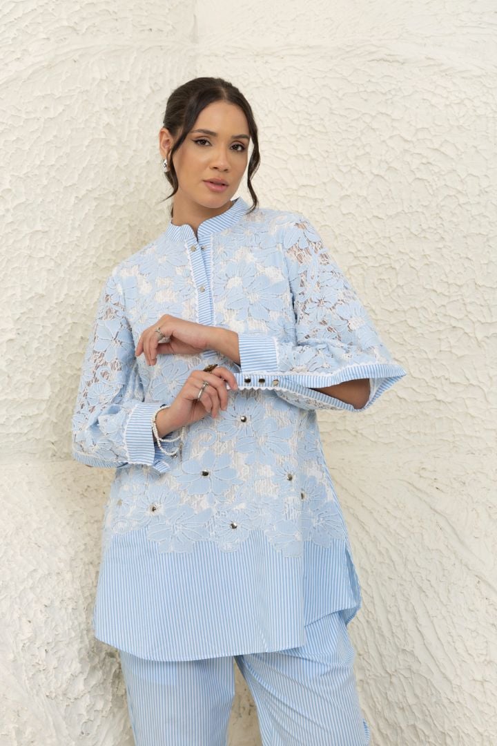 Blue Striped Lace Tunic and Pants Co-ord Set