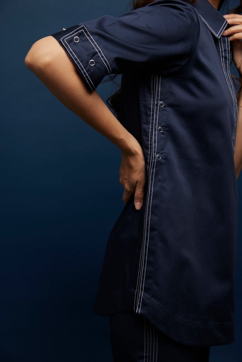 Navy Blue Cotton Satin Side-Open Co-ord Set