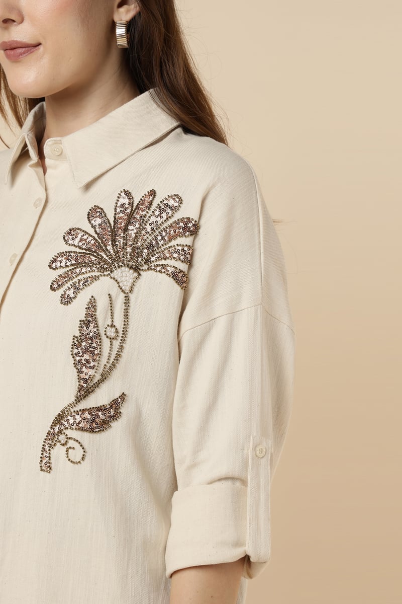Natural Beige Embellished Longline Cotton Shirt