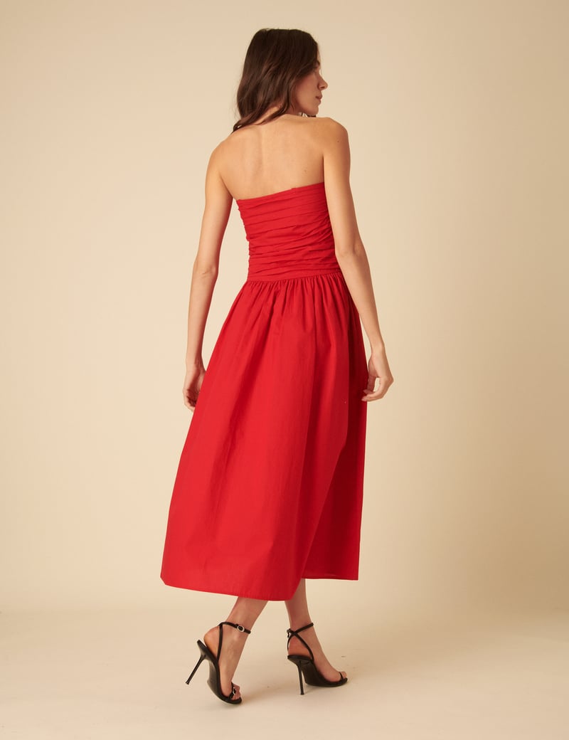Red Bandeau Fit and Flare Midi Dress with Pockets