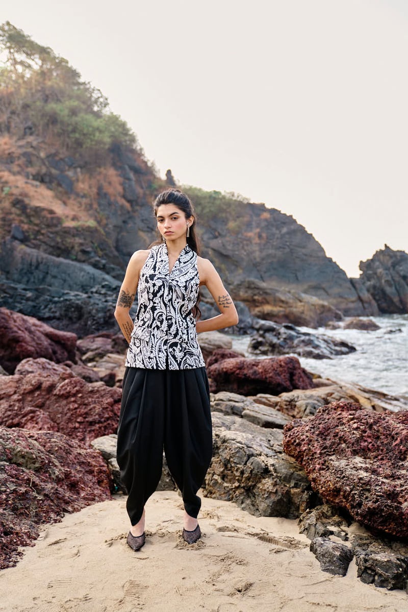 Black Dhoti-Inspired Cowl Drape Trousers