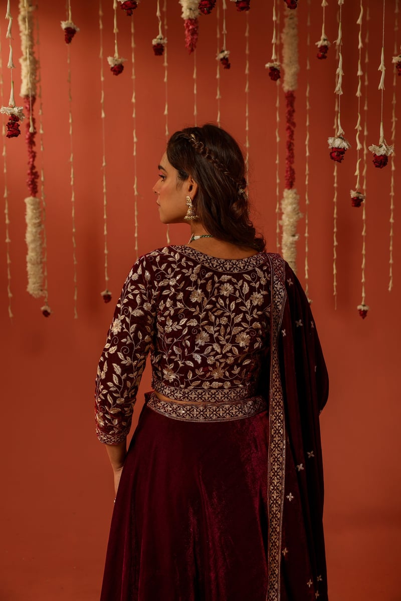 Maroon Velvet Embroidered Lehenga Set With Dupatta