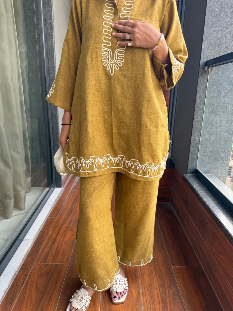 Golden Mustard Cotton Linen Co-ord Set with Dori Embroidery