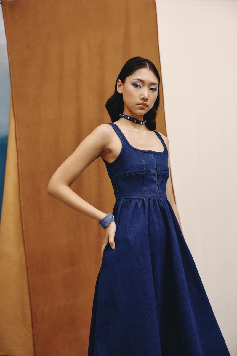 Deep Indigo Denim Fit and Flare Midi Dress