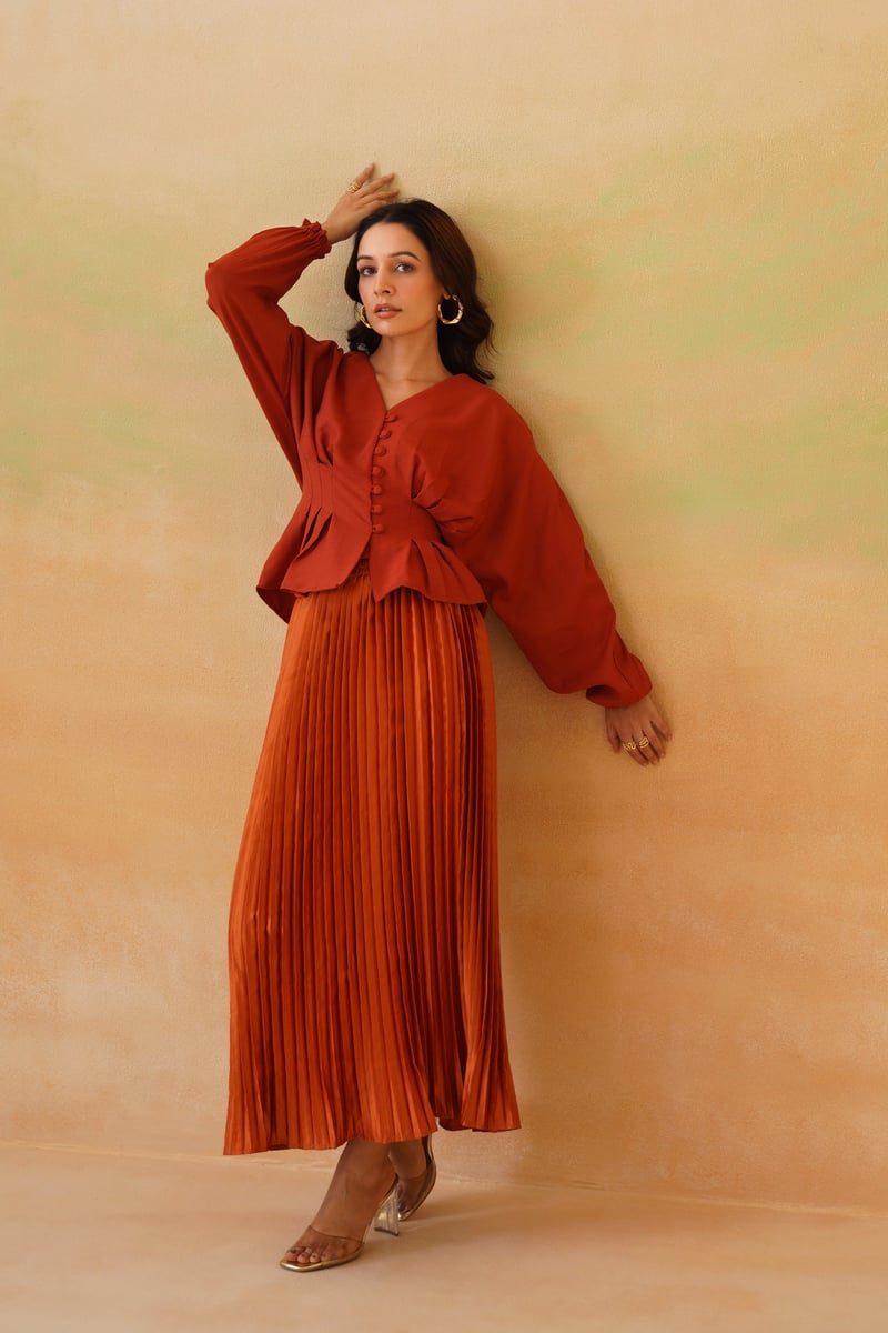 Rust V-Neck Button-Front Top and Pleated Maxi Skirt Set