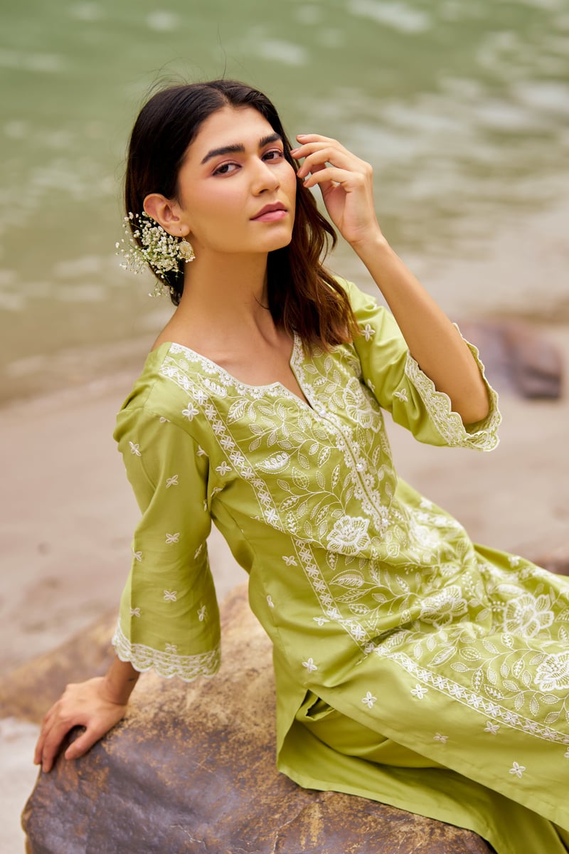 Green Cotton Embroidered Straight Kurta Set With Dupatta