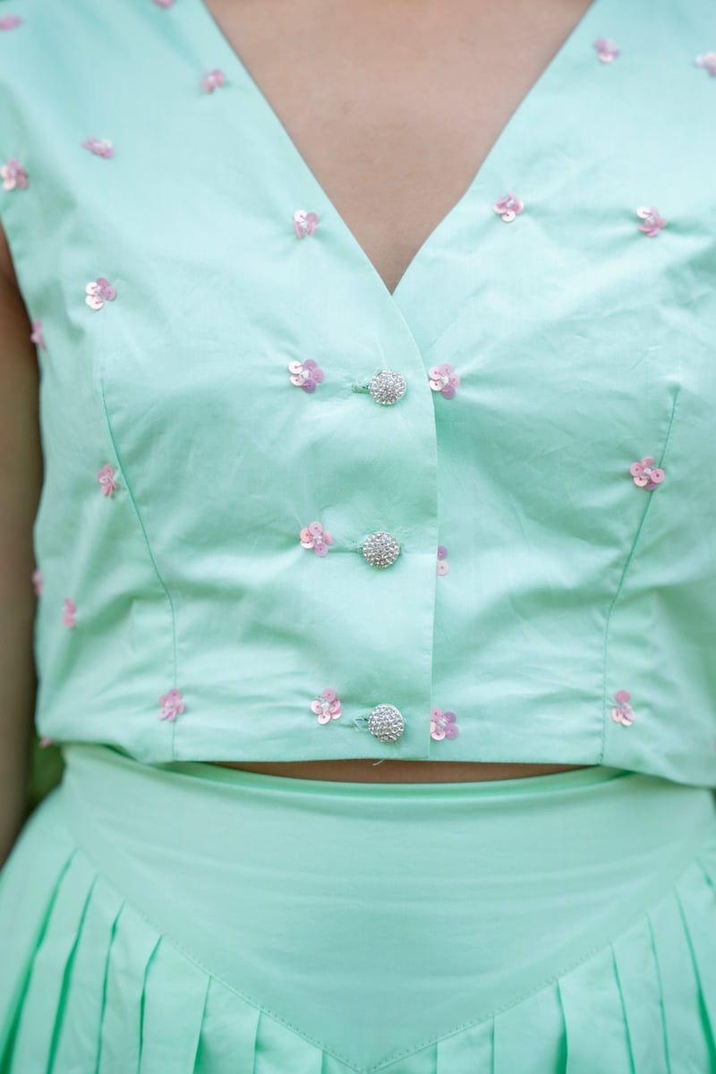 Mint Green Sequin Top and Pleated Midi Skirt Co-ord Set