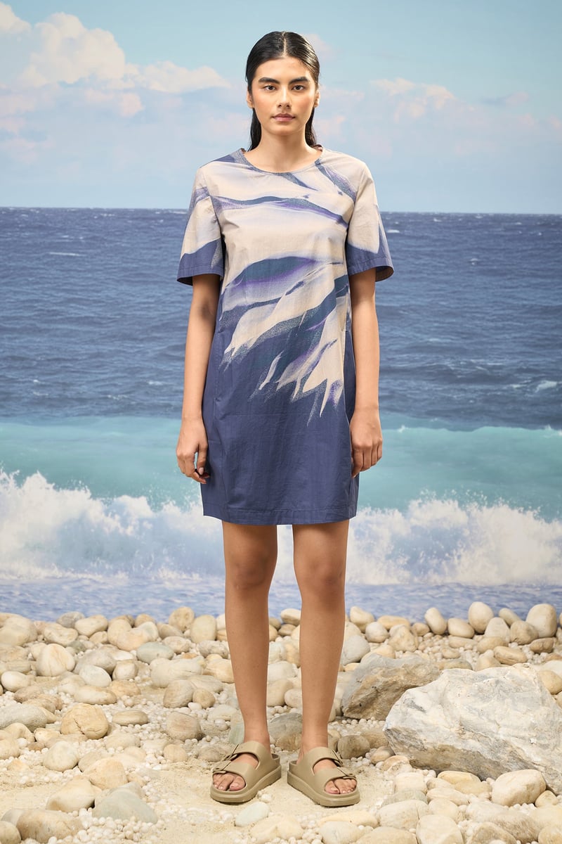 Navy Abstract Print Cotton Poplin Shift Mini Dress