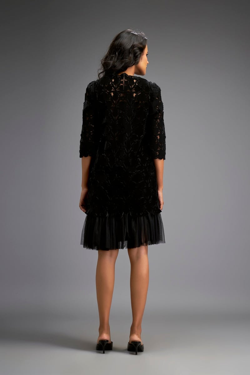 Black Cutwork Shift Dress with Sheer Net Hem