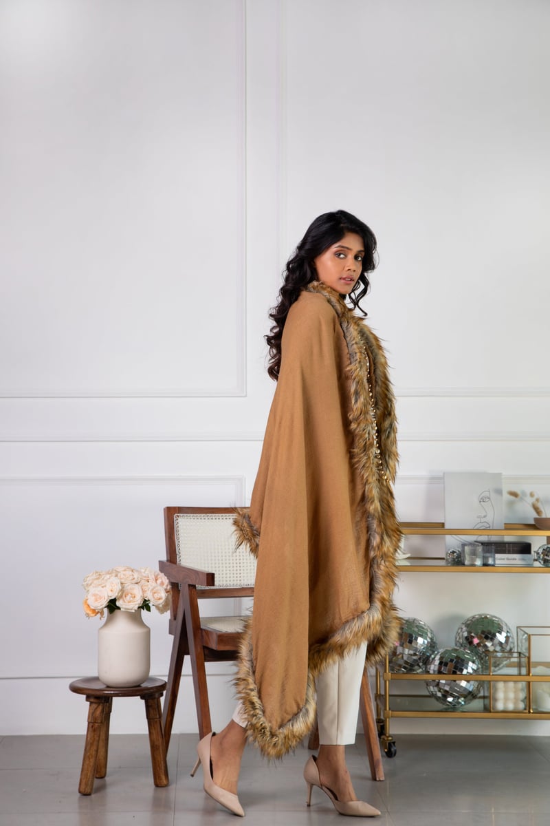 Ochre Wool Stole with Faux-Fur Border Trim