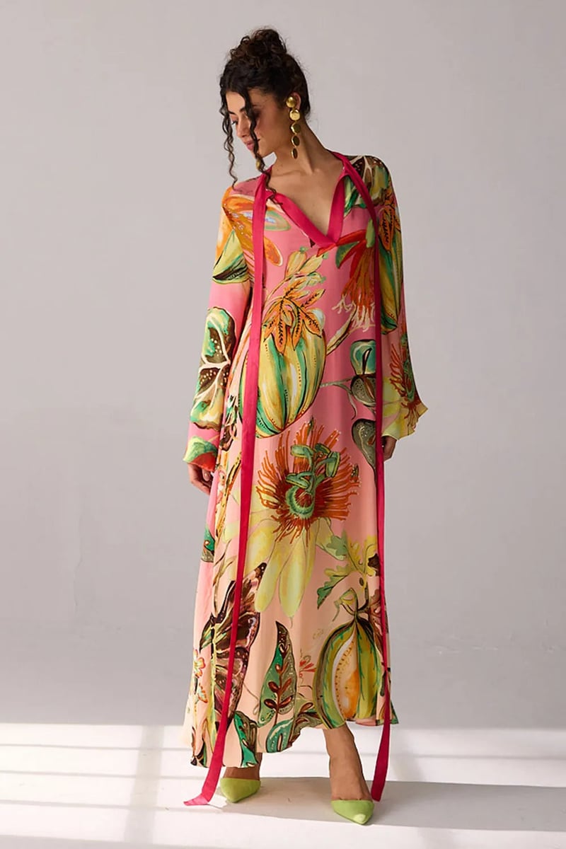 Pink Ombre Printed Maxi Dress with Flare Sleeves