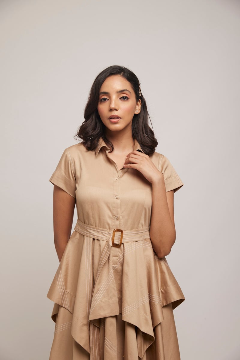 Beige-Gold Asymmetrical Layered Shirtdress with Belt