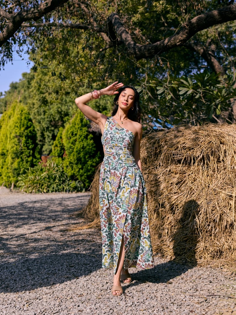 Green One-Shoulder Printed Maxi Dress with Waist Cut-Out