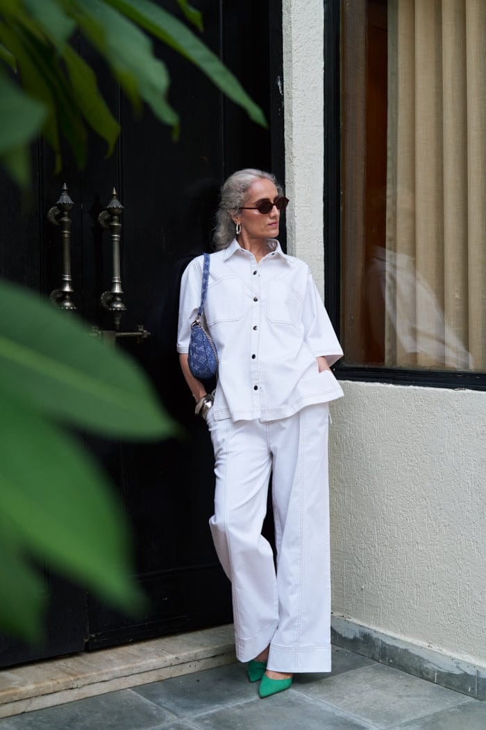 White Denim Oversized Shirt and Flared Pants Co-ord Set