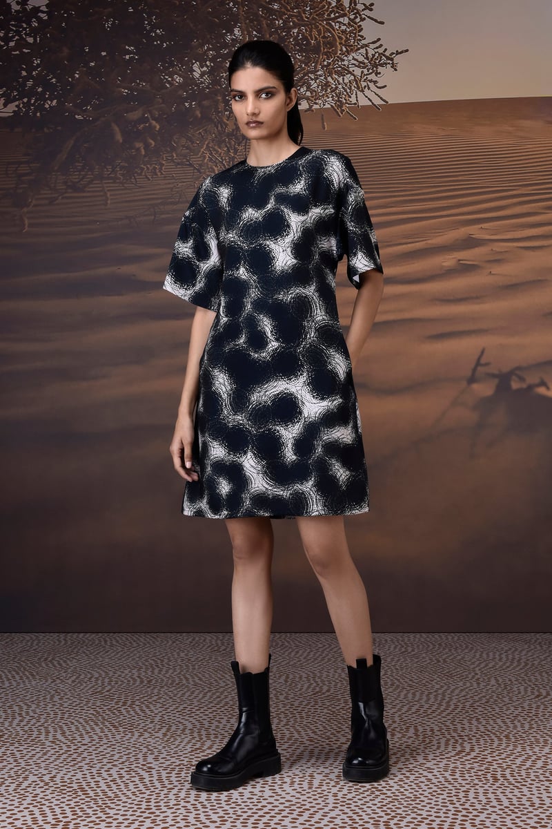 Midnight Ripple Twill Crepe Mini Shift Dress