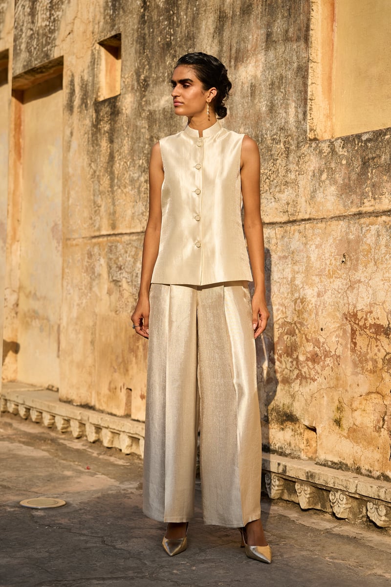 Ivory Brocade Lurex Band Collar Button-Front Waistcoat