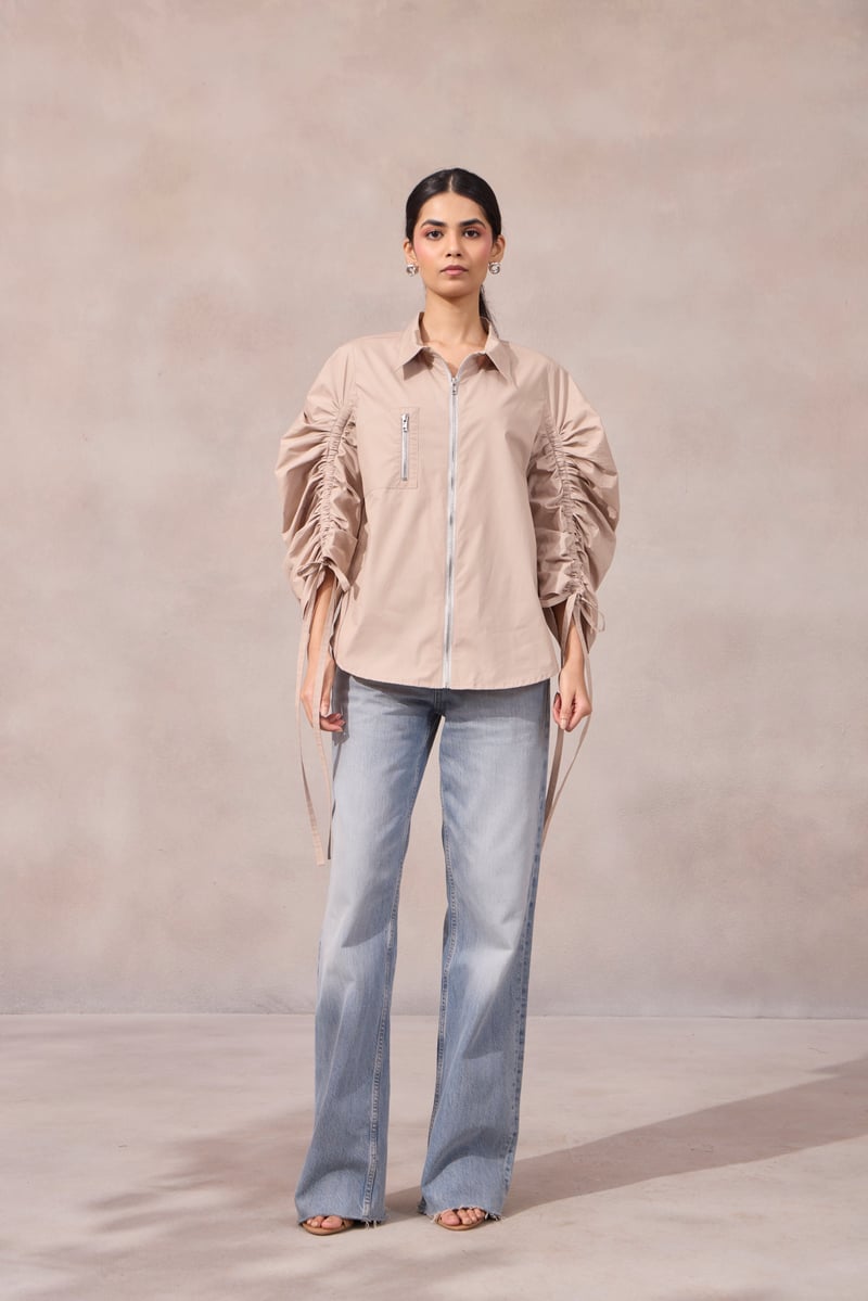 Lavender Zip-Front Shirt with Ruched Sleeves
