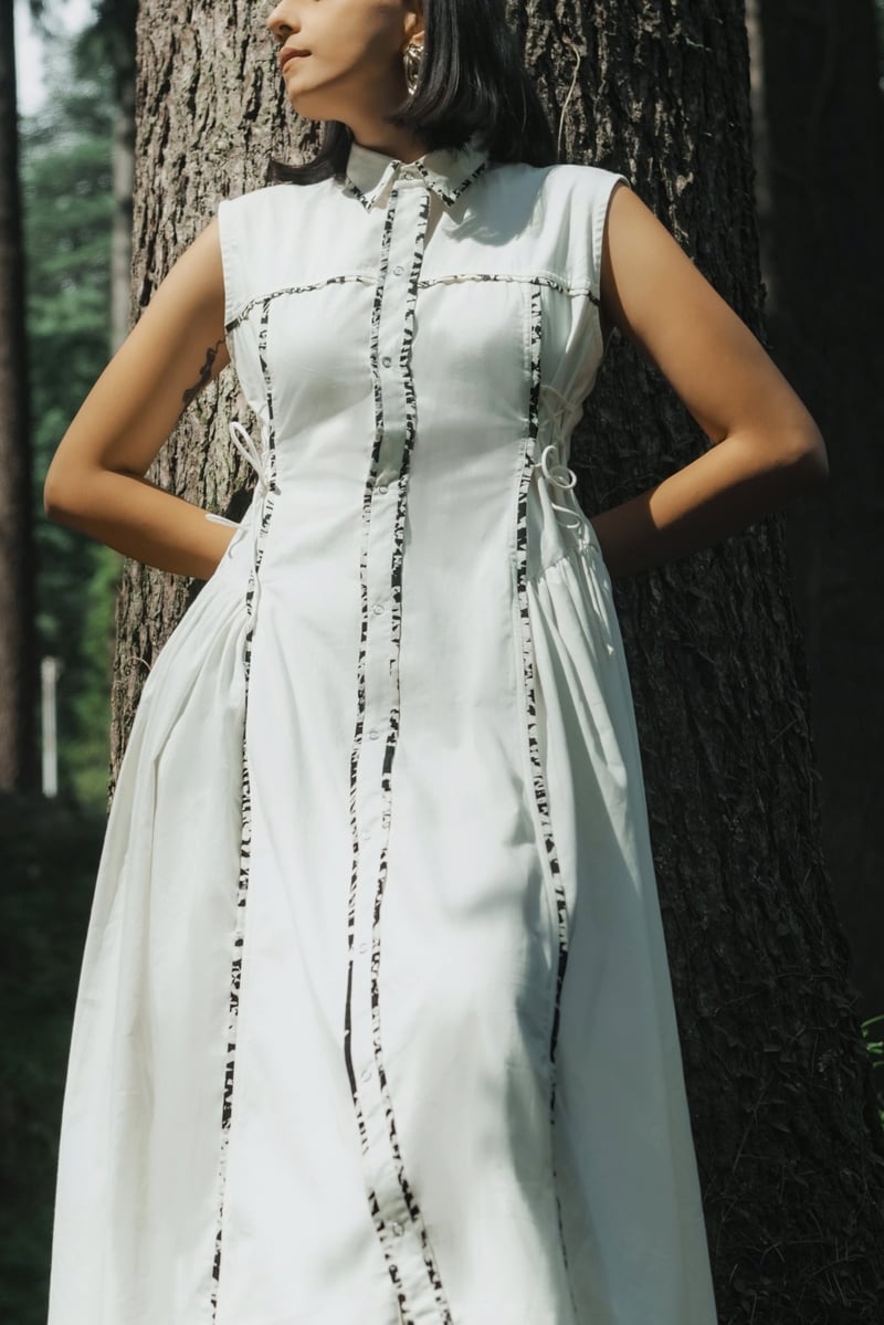 White Midi Shirt Dress with Contrast Piping and Side Tie