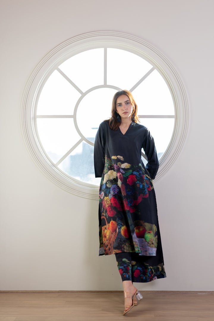 Black Printed A-Line Kurta Set with V-Neck