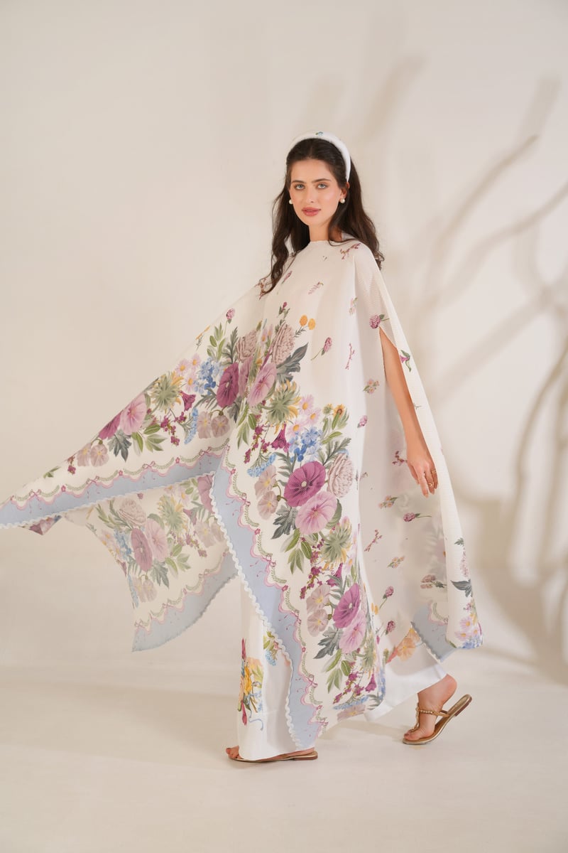 White Floral Pleated Cape and Trouser Co-ord Set