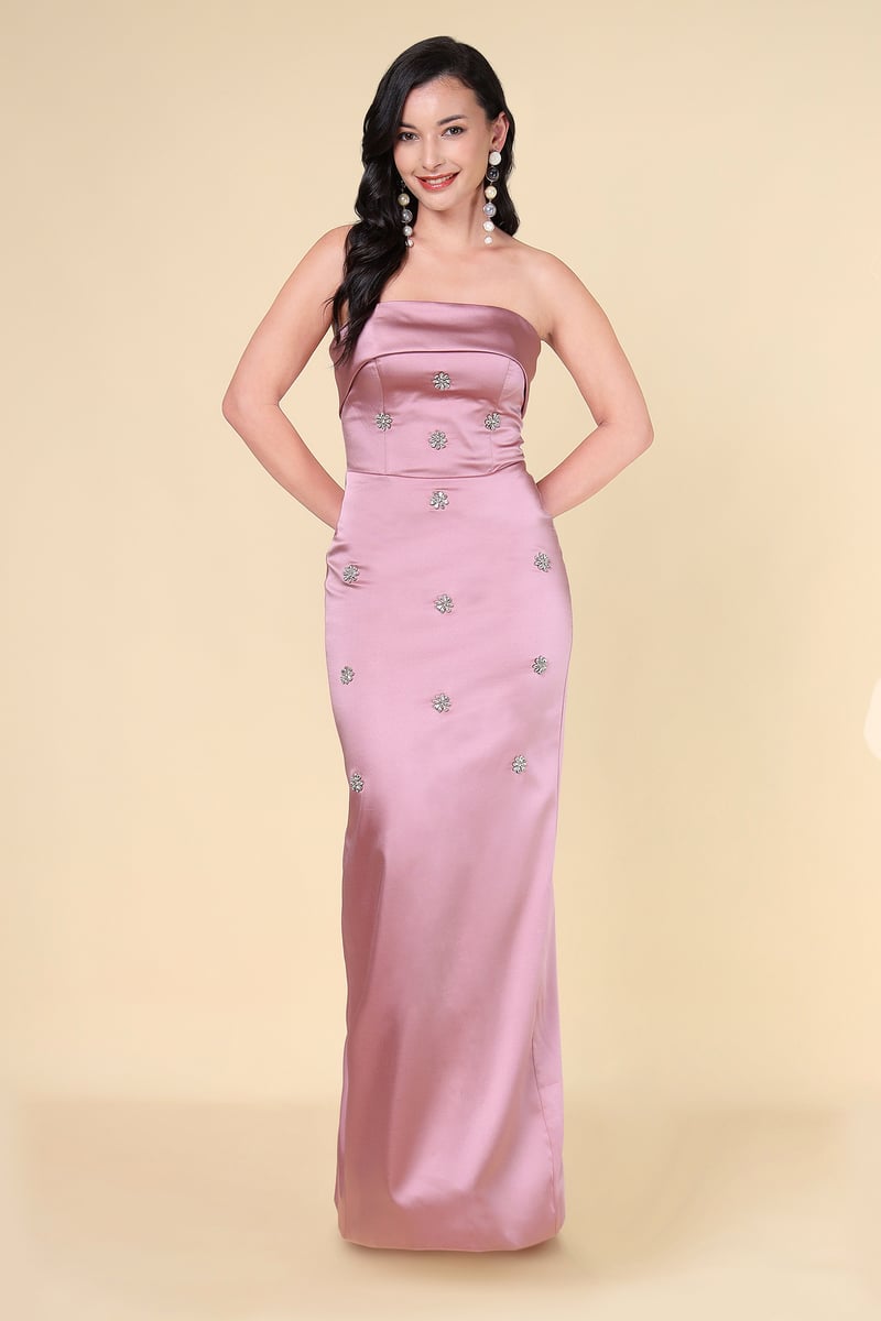 Pink Strapless Satin Maxi Gown with Crystal Floral Motifs