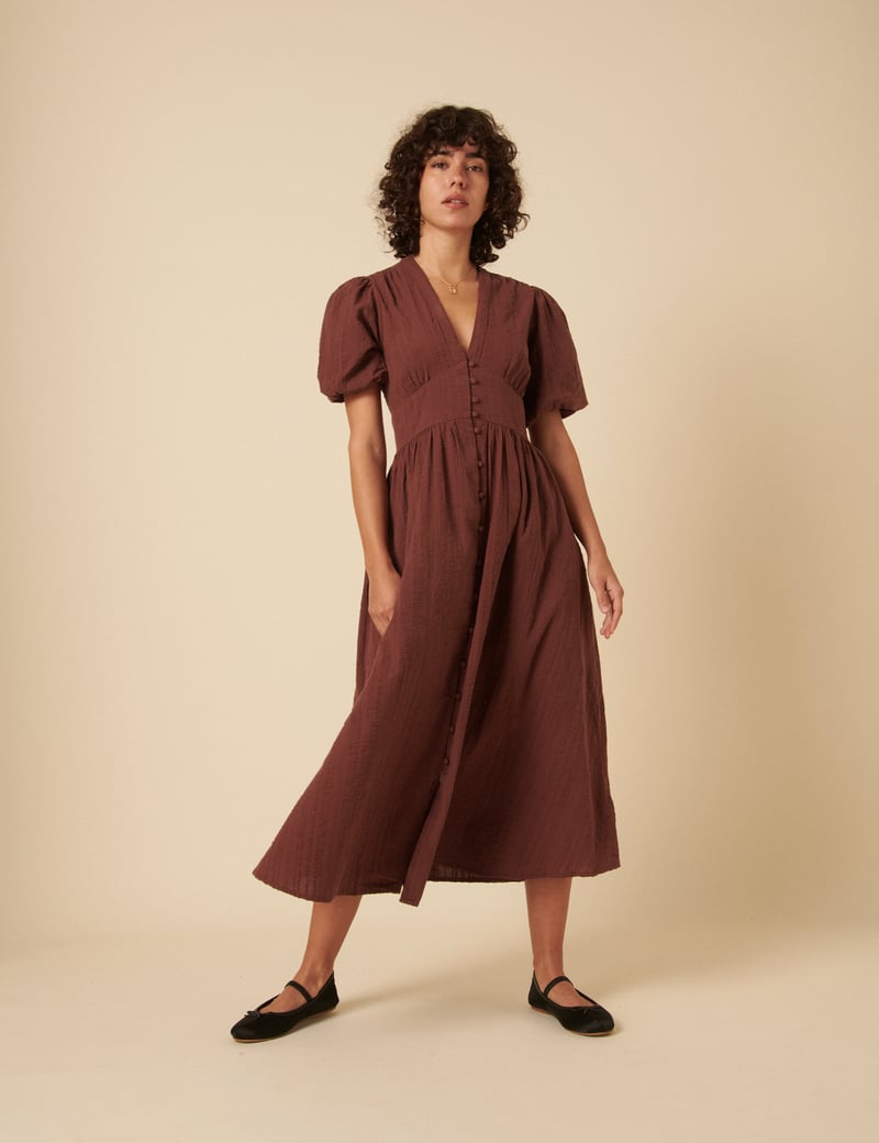Chocolate Brown V-Neck Button-Front Midi Dress — Nobody's Child