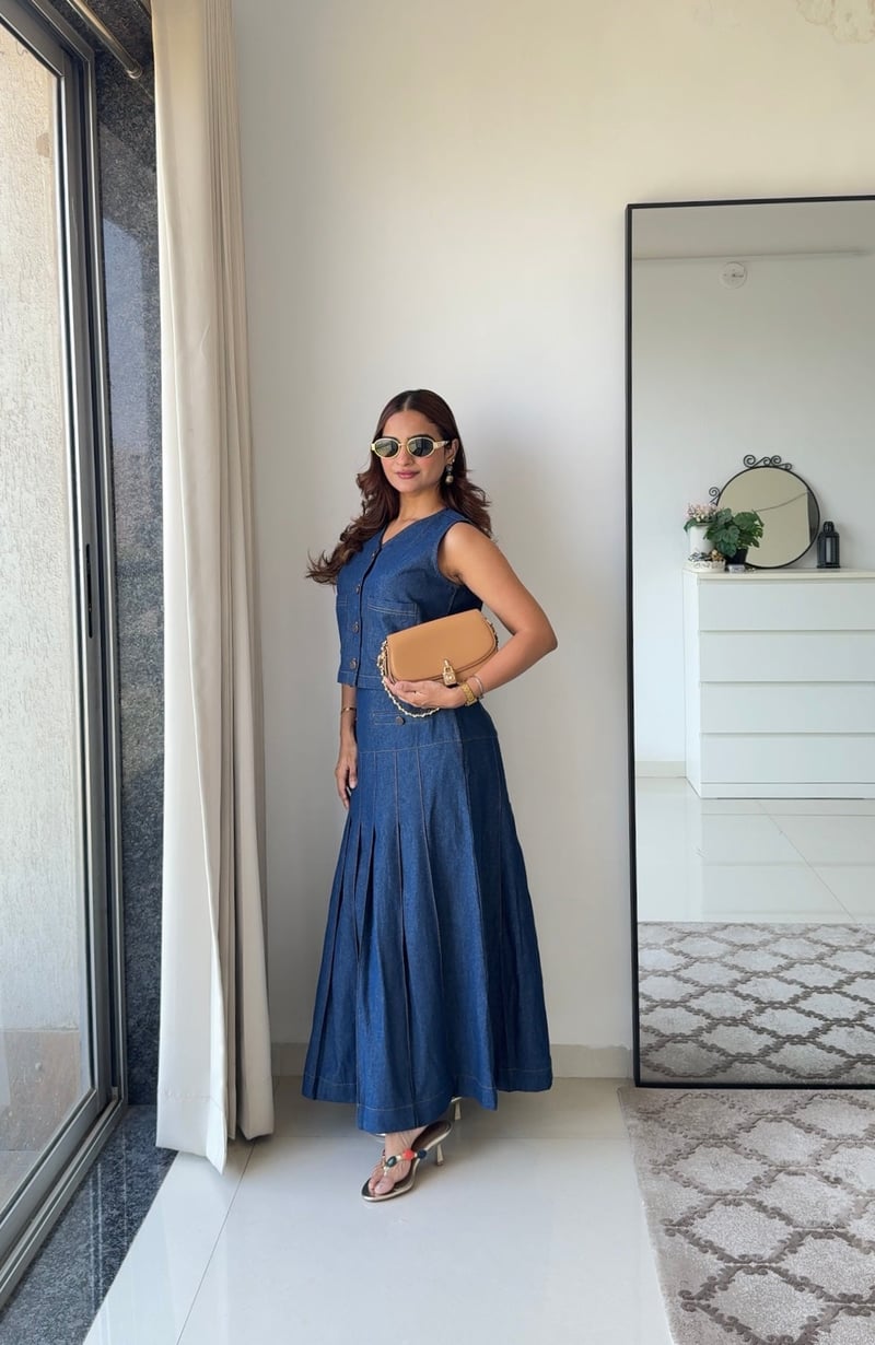 Blue Denim Vest and Pleated Midi Skirt Co-ord Set