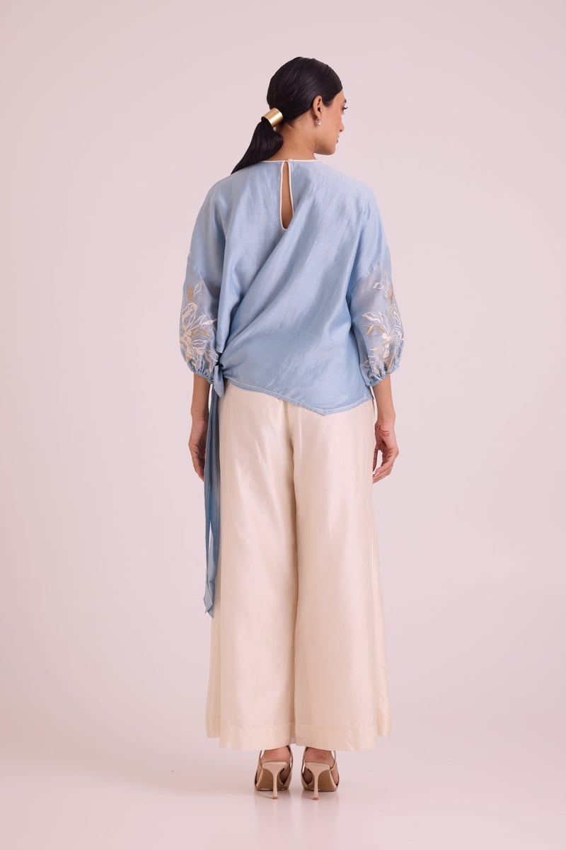 Blue Chanderi Silk Tie-Up Top with Embroidered Sleeves