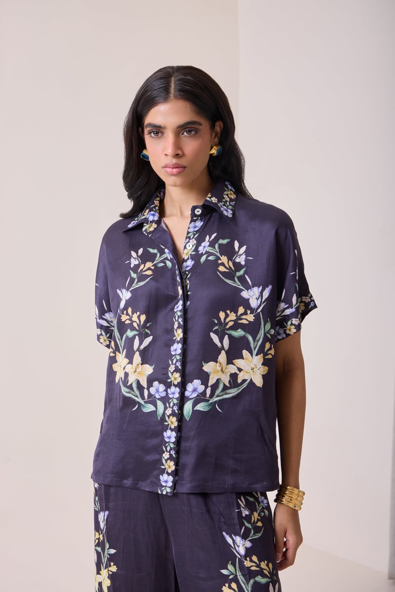 Navy Linen Satin Floral Placement Print Shirt — Needle Ten