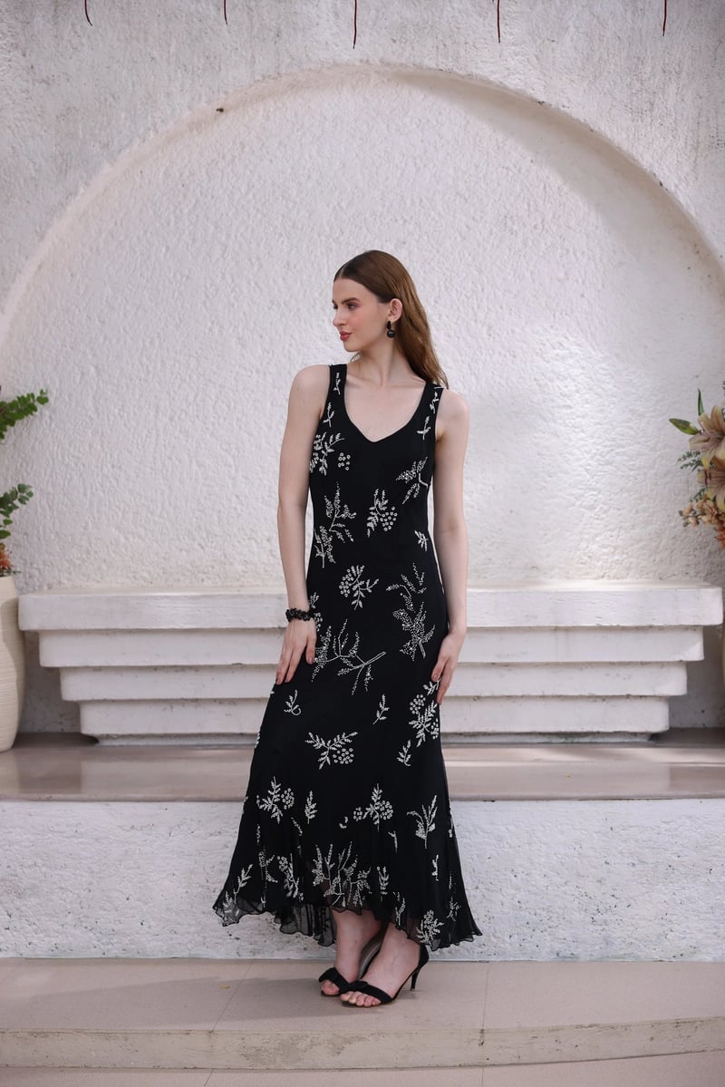 Black Hand-Beaded Bias-Cut Midi Slip Dress