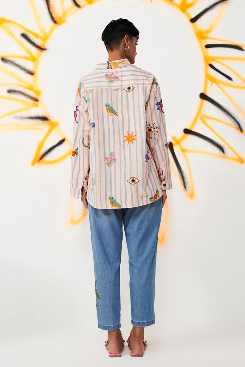 Peach Striped Cotton Poplin Embroidered Shirt