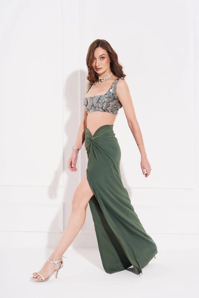 Teal Green Draped Side-Knot Maxi Skirt