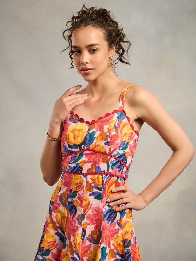 Red Tropical Print Fit and Flare Mini Dress