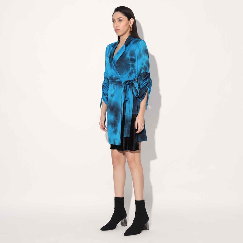 Blue Tie-Dye Satin Wrap Jacket Mini Dress