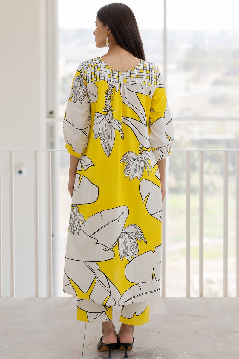 Yellow Banana Leaf Print Button-Down A-Line Kurta Set