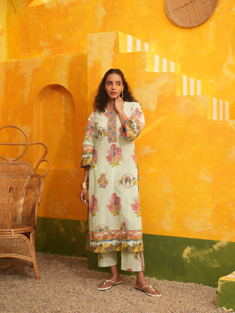 Cool Mint Tropical Print Straight Kurta Set with Pants