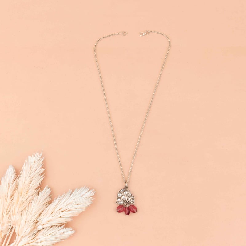 Essence Dual Leaf Kundan Pink Drop Necklace