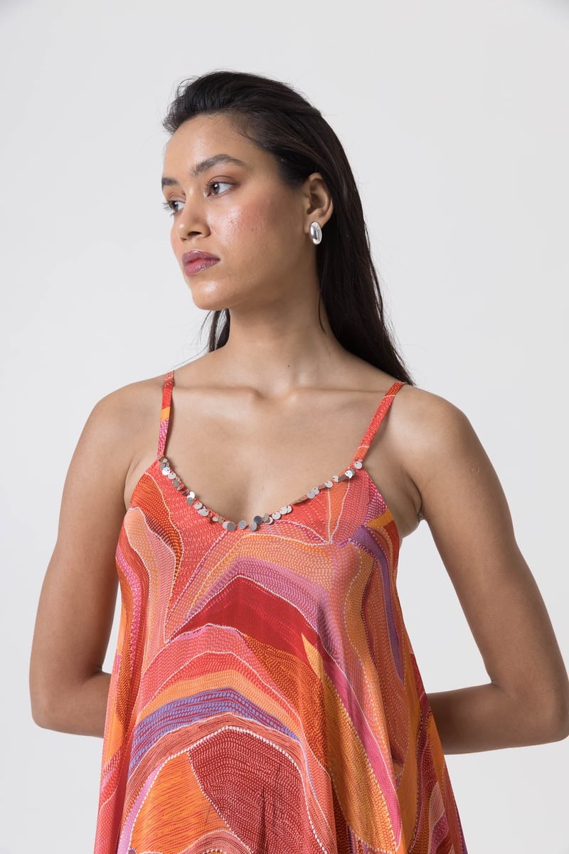 Orange/Multicolor Printed Strappy A-Line Midi Dress