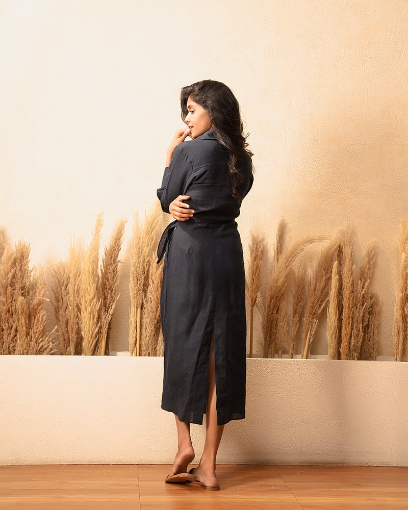 Navy Blue Linen Tie-Front Midi Shirt Dress